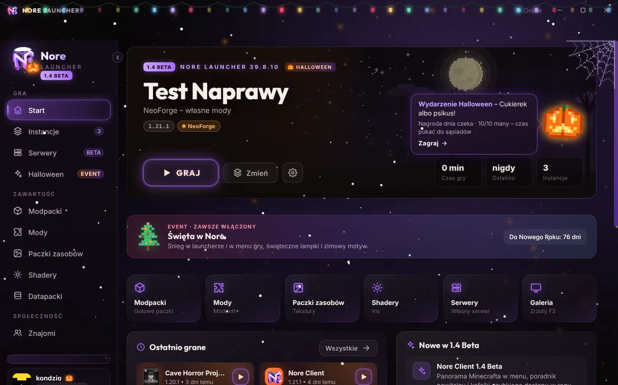 Ekran główny Nore Launcher z kartą wydarzenia „Święta w Nore” i odliczaniem