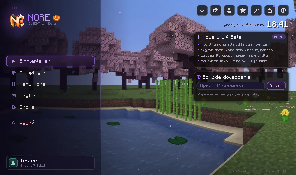 Menu główne Nore Client z wiśniowym stawem w tle i kartą „Nowe w 1.4 Beta”
