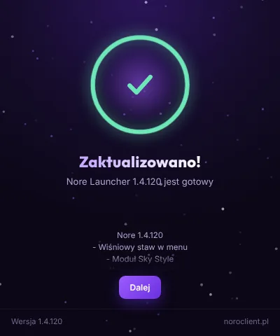 Nore Updater po aktualizacji: zielony pierścień i napis Zaktualizowano!